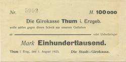 Thum - Stadtgirokasse - 1.8.1923 - 100000 Mark