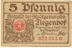 Tiegenhof (heute: PL-Nowy Dwór Gdánski) - Stadt - 1.4.1920 - 5 Pfennig