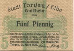 Torgau - Stadt - 31.3.1920 - 5 Pfennig