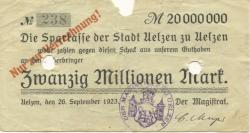 Uelzen - Stadt - 28.9.1923 -  20 Millionen Mark 
