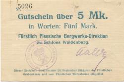 Waldenburg (heute: PL-Walbrzych) - Fürstlich Plessische Bergwerks-Direktion, Schloss Waldenburg - - 20.9.1914 - 5 Mark