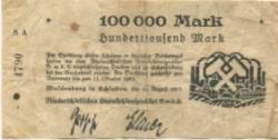 Waldenburg (heute: PL-Walbrzych) - Niederschlesisches Steinkohlensyndikat GmbH - 14.8.1923 - 15.10.1923 - 100000 Mark