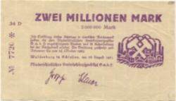 Waldenburg (heute: PL-Walbrzych) - Niederschlesisches Steinkohlensyndikat GmbH - 28.8.1923 - 28.10.1923 - 2 Millionen Mark