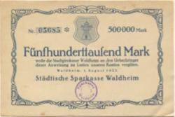 Waldheim - Städtische Sparkasse - 1.8.1923 - 500000 Mark