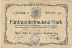 Waldheim - Städtische Sparkasse - 1.8.1923 - 500000 Mark