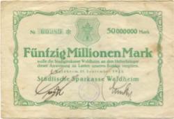 Waldheim - Städtische Sparkasse - 21.9.1923 - 50 Millionen Mark