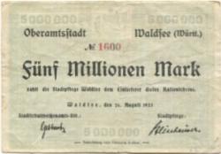 Waldsee (Bad) - Oberamtsstadt - 26.8.1923 - 5 Millionen Mark