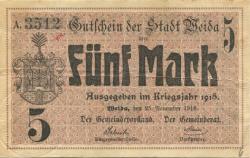 Weida - Stadt - 4.11.1918 - 1.2.1919 - 5 Mark 