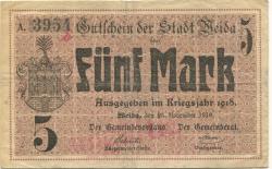 Weida - Stadt - 4.11.1918 - 1.2.1919 - 5 Mark