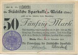 Weida - Städtische Sparkasse - 22.11.1918 - 28.2.1919 - 50 Mark