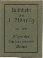 Weimar - Allgemeine Ortskrankenkasse - Juni 1921 - 1 Pfennig