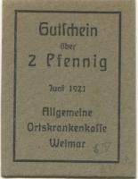 Weimar - Allgemeine Ortskrankenkasse - Juni 1921 - 2 Pfennig