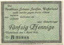 Westerland  (heute: Gemeinde Sylt) - Janssen, Johann, Bankhaus - 1.4.1918 - 50 Pfennig 