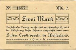 Westerland (heute: Gemeinde Sylt) - Sylter Creditverein eGmuH - -- - 2 Mark