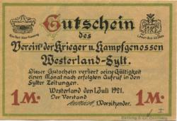 Westerland (heute: Gemeinde Sylt) - Verein der Krieger und Kampfgenossen - 1.7.1921 - 1 Mark