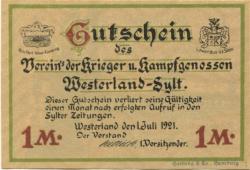 Westerland (heute: Gemeinde Sylt) - Verein der Krieger und Kampfgenossen - 1.7.1921 - 1 Mark