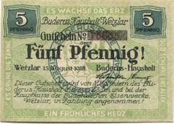 Wetzlar - Buderus-Haushalt - 15.8.1918 - 5 Pfennig
