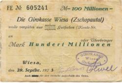 Wiesa (Thermalbad Wiesenbad) - Girokasse - 29.9.1923 - 100 Millionen Mark 