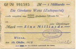 Wiesa (Thermalbad Wiesenbad) - Girokasse - 18.10.1923 - 1 Milliarde Mark