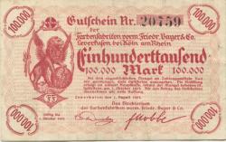 Wiesdorf (heute: Leverkusen) - Farbenfabriken, vormals Friedrich Bayer & Co - 1.8.1923 - 100000 Mark