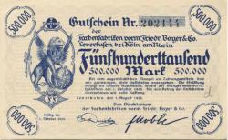 Wiesdorf (heute: Leverkusen) - Farbenfabriken, vormals Friedrich Bayer & Co - 1.8.1923 - 500000 Mark