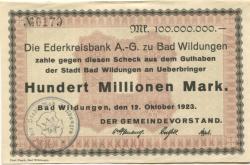Wildungen (Bad) - Stadt - 12.10.1923  - 100 Millionen Mark 