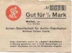 Wolfen (heute: Bitterfeld) - AG für Anilin-Fabrikation, Wolfener Farbenfabrik - -- - 1/2 Mark