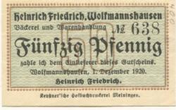Wolfmannshausen (heute: Grabfeld) - Friedrich, Heinrich, Bäckerei und Kolonialwarenhandlung - 1.12.1920 - 50 Pfennig 