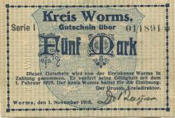 Worms - Kreis - 1.11.1918 - 1.2.1919 - 5 Mark
