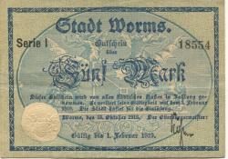 Worms - Stadt - 15.10.1918 - 1.2.1919 - 5 Mark
