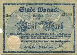 Worms - Stadt - 15.10.1918 - 1.2.1919 - 5 Mark