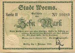 Worms - Stadt - 15.10.1918 - 1.2.1919 - 10 Mark