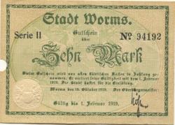 Worms - Stadt - 15.10.1918 - 1.2.1919 - 10 Mark