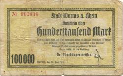 Worms - Stadt - 26.6.1923 - 100000 Mark