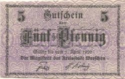 Wreschen (heute: PL-Wrzesnia) - Stadt - - 1.4.1920 - 5 Pfennig