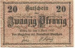 Wreschen (heute: PL-Wrzesnia) - Stadt - - 1.4.1920 - 20 Pfennig