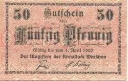 Wreschen (heute: PL-Wrzesnia) - Stadt - - 1.4.1920 - 50 Pfennig