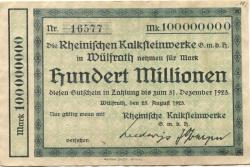 Wülfrath - Rheinische Kalkwerke GmbH, Kaiser Wilhelm-Str. 98 - 25.8.1923 - 31.12.1923 - 100 Millionen Mark