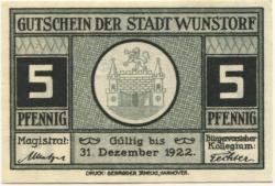 Wunstorf - Stadt - - 31.12.1922 - 5 Pfennig