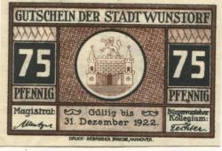 Wunstorf - Stadt - - 31.12.1922 - 75 Pfennig