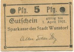 Wunstorf - Sparkasse der Stadt - - 1.4.1921 - 5 Pfennig