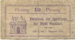 Wunstorf - Sparkasse der Stadt - - 1.10.1921 - 10 Pfennig