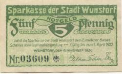 Wunstorf - Sparkasse der Stadt - 15.11.1920 - 1.4.1922 - 5 Pfennig