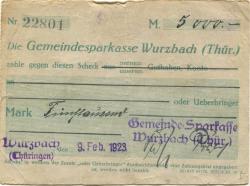 Wurzbach - Gemeinde-Sparkasse - 9.2.1923 - 5000 Mark