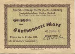 Wyhlen (heute: Grenzach-Wyhlen) . Deutsche Solvay-Werke Bernburg, Zweigniederlassung Wyhlen - 5.10.1922 - 500 Mark