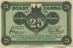 Zahna - Stadt - 1.6.1920 - 25 Pfennig 