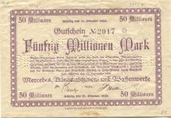 Zella-Mehlis - Mercedes, Büromaschinen- und Waffenwerke - 25.9.1923 - 31.10.1923 - 50 Millionen Mark