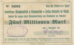 Zella-Mehlis - Reich, Karl, Fahrradteilefabrik, Anspelstr. 54 - 5.9.1923 - 5 Millionen Mark 