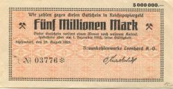 Zipsendorf (heute Meuselwitz) - Braunkohlenwerke Leonhard AG - 25.8.1923 - 5 Millionen Mark 