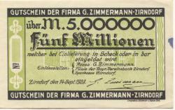 Zirndorf- Zimmermann, G., Spiegelfabrik - 14.9.1923 - 5 Millionen Mark